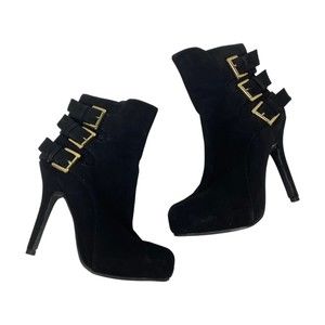 🦋Madeline Girl Black Suede Heel Platform Gold Buckle Booties 5.5m